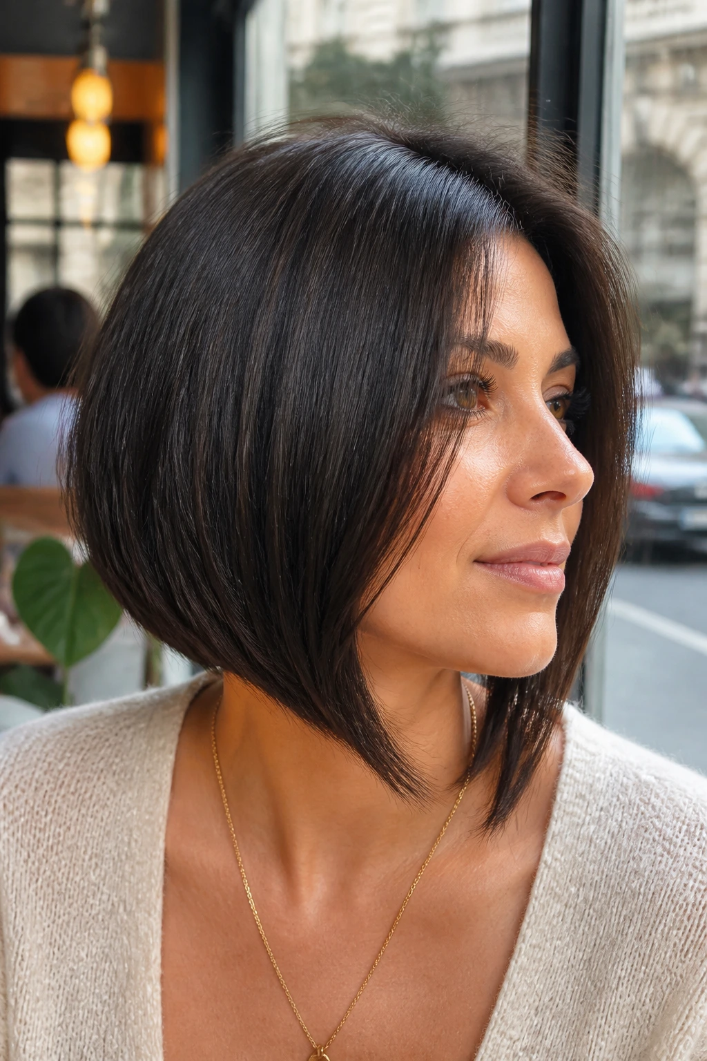 Close-up of a real woman with a sleek angled bob in natural cafe daylight.