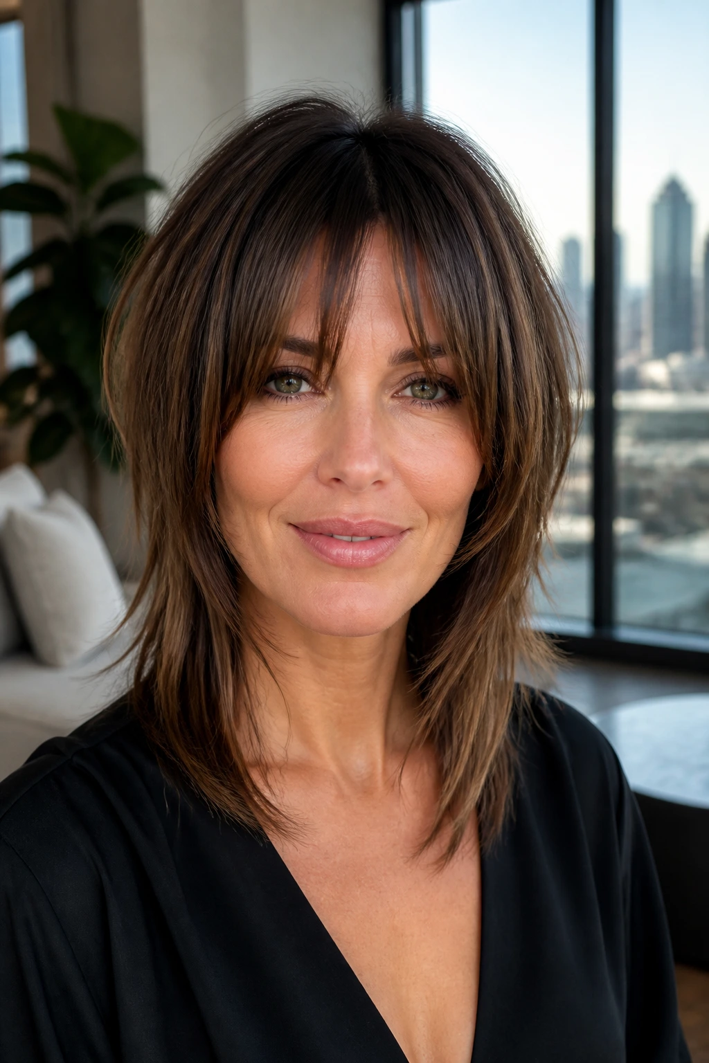 Close-up of a real woman with sleek angled shag and bottleneck bangs in a modern living room