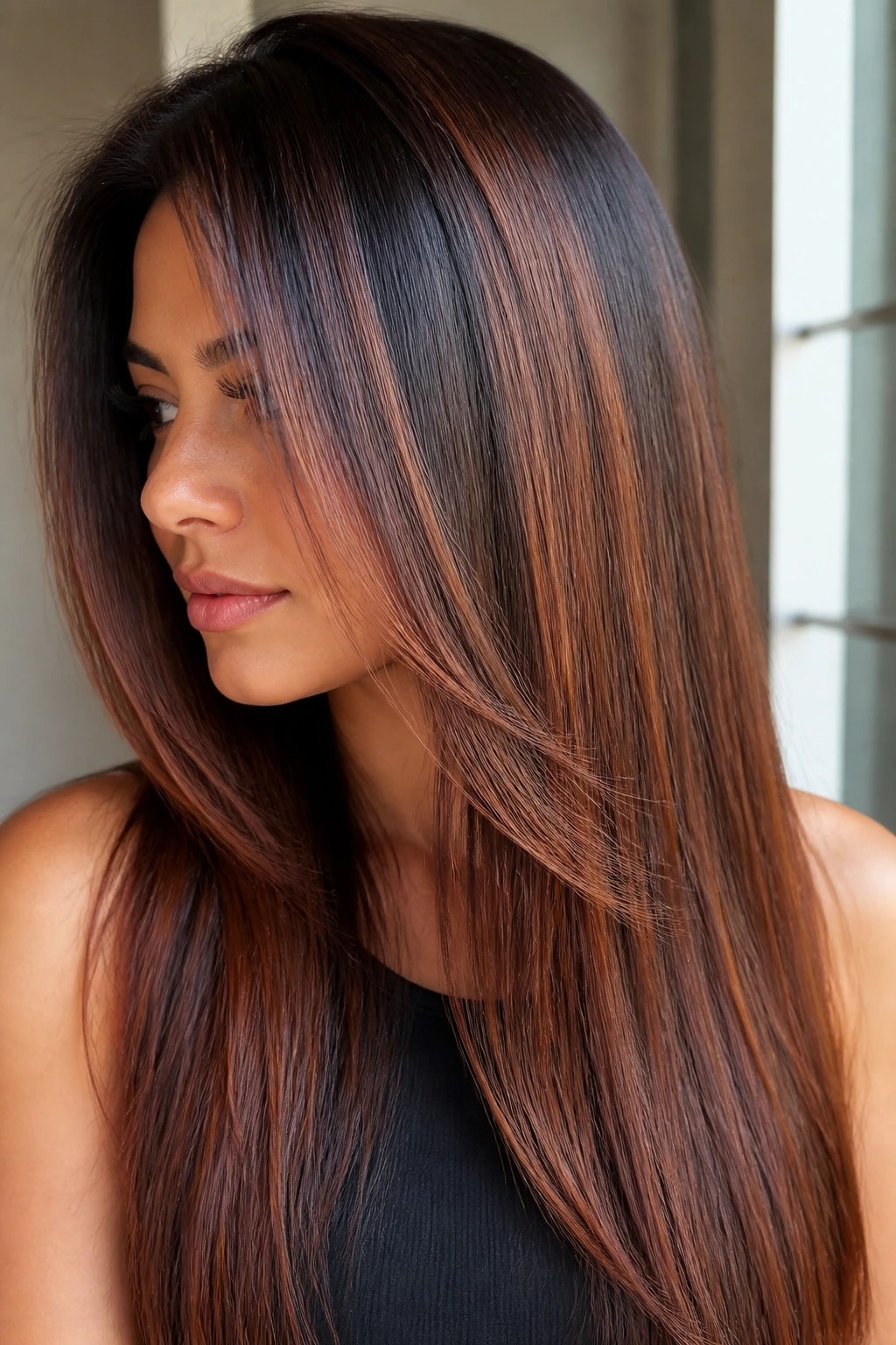 Close-up of real person with straight thick hair showing diffused auburn highlights