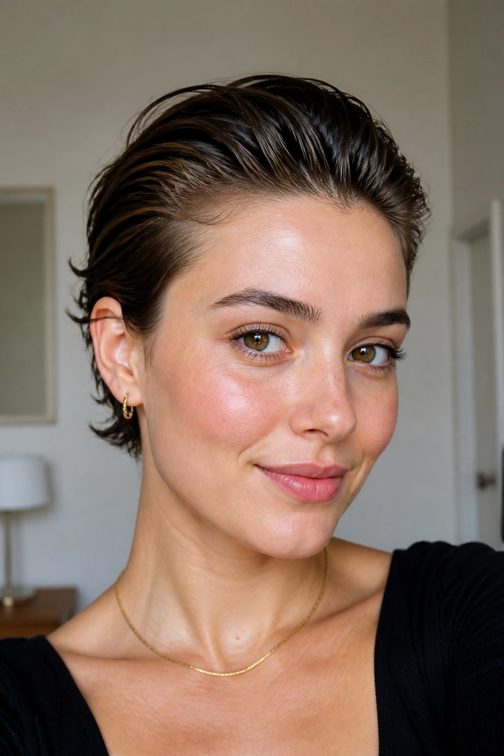 Real person with a sleek back-swept fringe for a polished short-hair look.