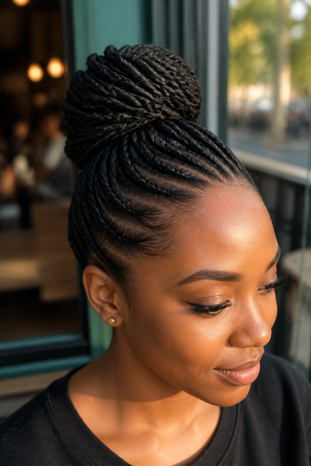 Close-up of a real woman with a sleek ballerina twist bun