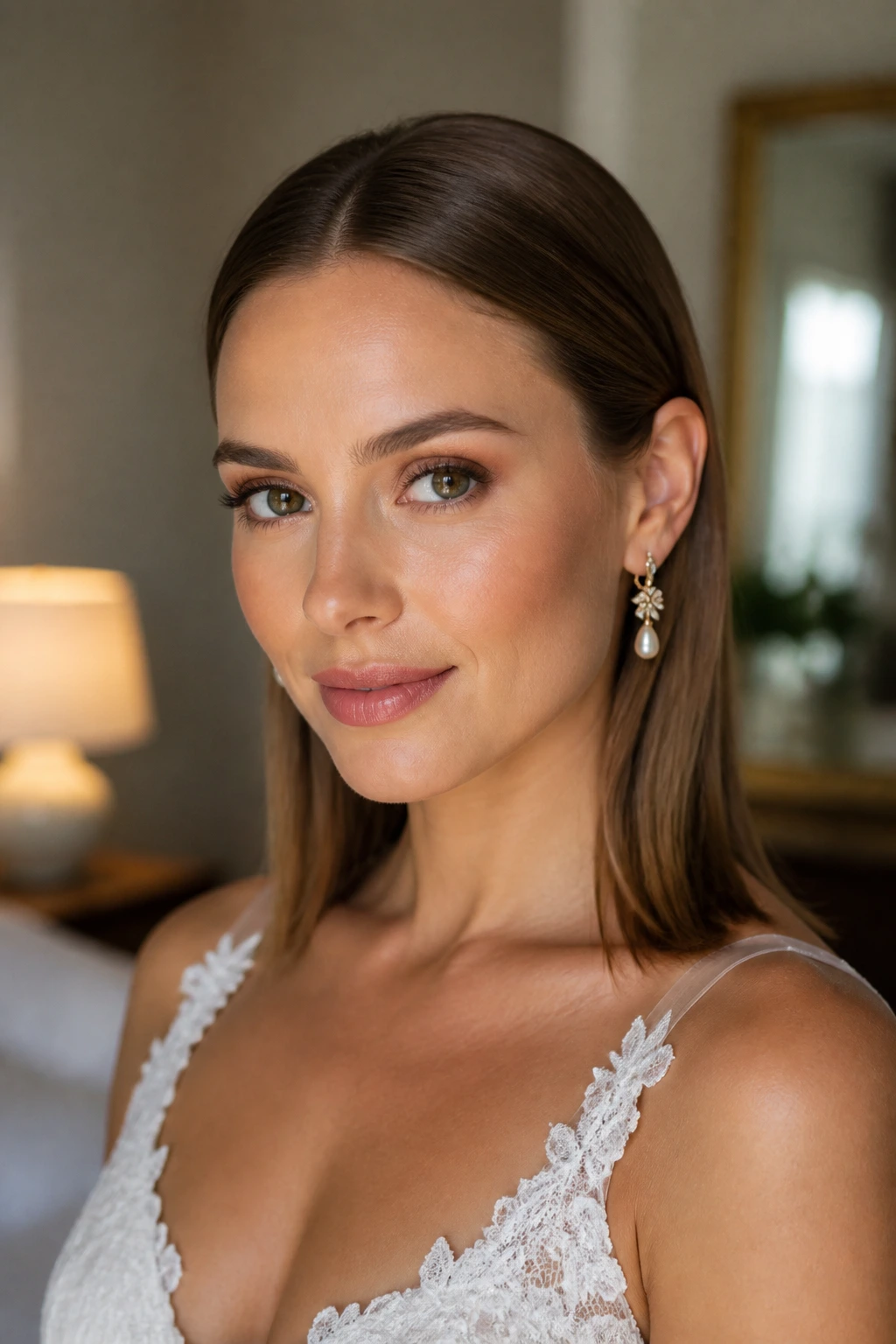 Close-up of a real woman with Sleek Tucked-Behind-Ears Style, hair tucked behind ears.
