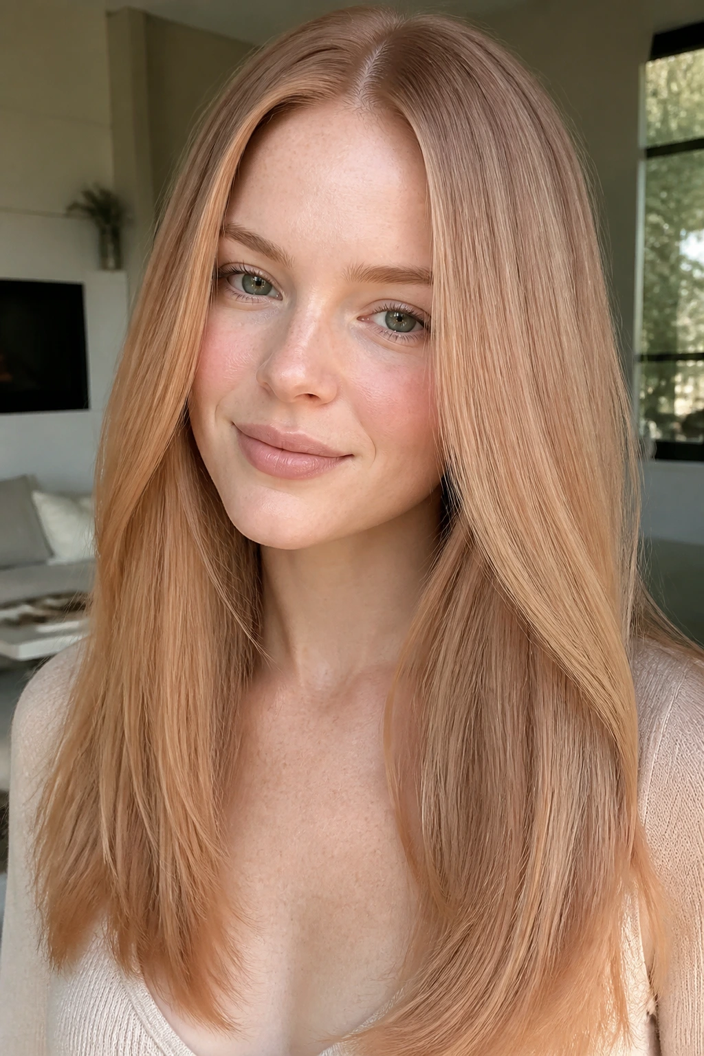 Close-up of a real woman with a sleek middle-part blowout and apricot beige glaze
