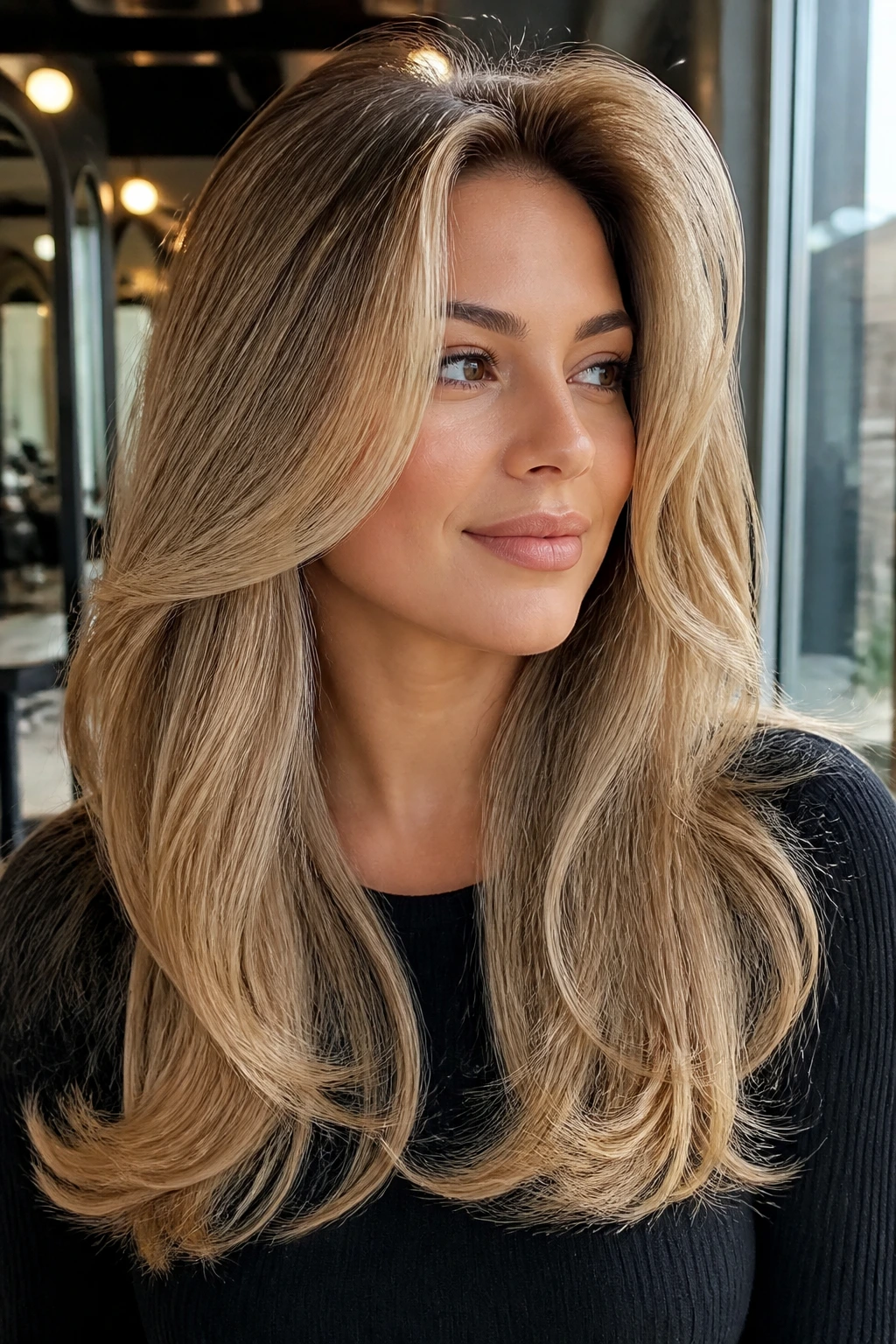 Close-up portrait of a real woman with Sleek Blowout Layers with Smoked Vanilla Blonde, hair swept away from the face