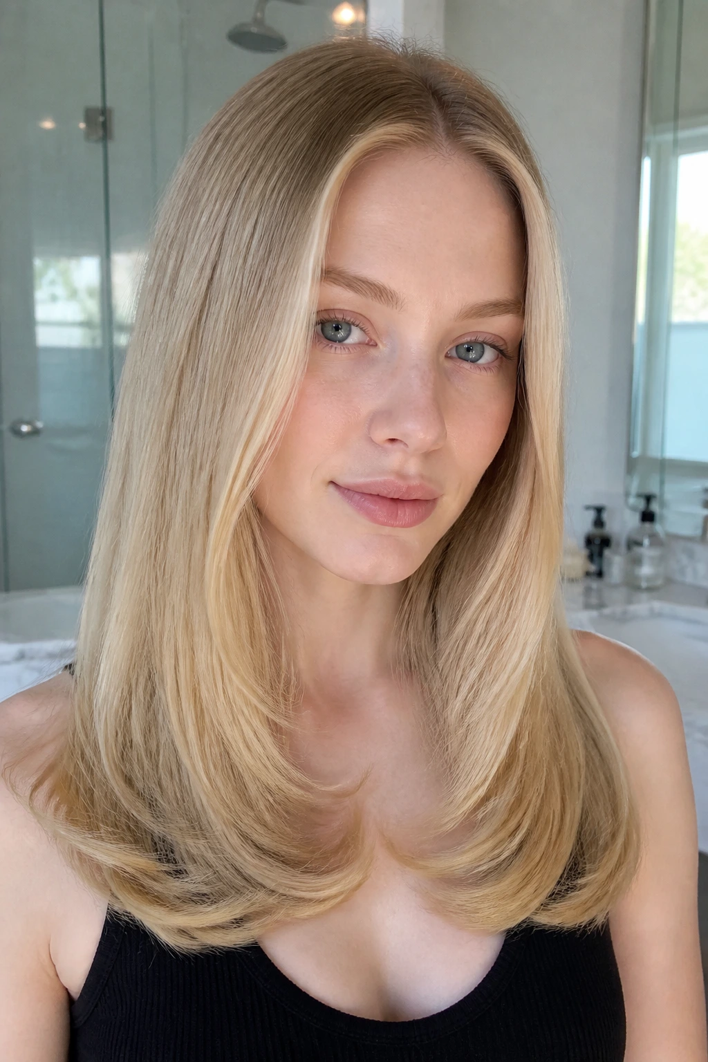 Close-up of a real woman with a sleek middle-part blowout and curled C-shape ends