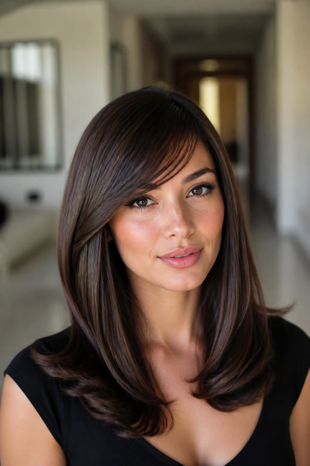 Real woman with sleek, glossy blowout and flipped ends in soft light