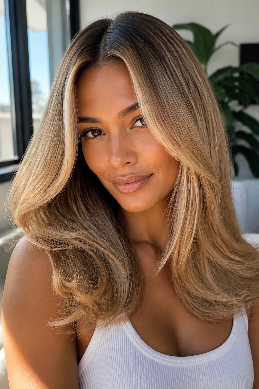 Sleek middle-part blowout with golden money pieces on a real person