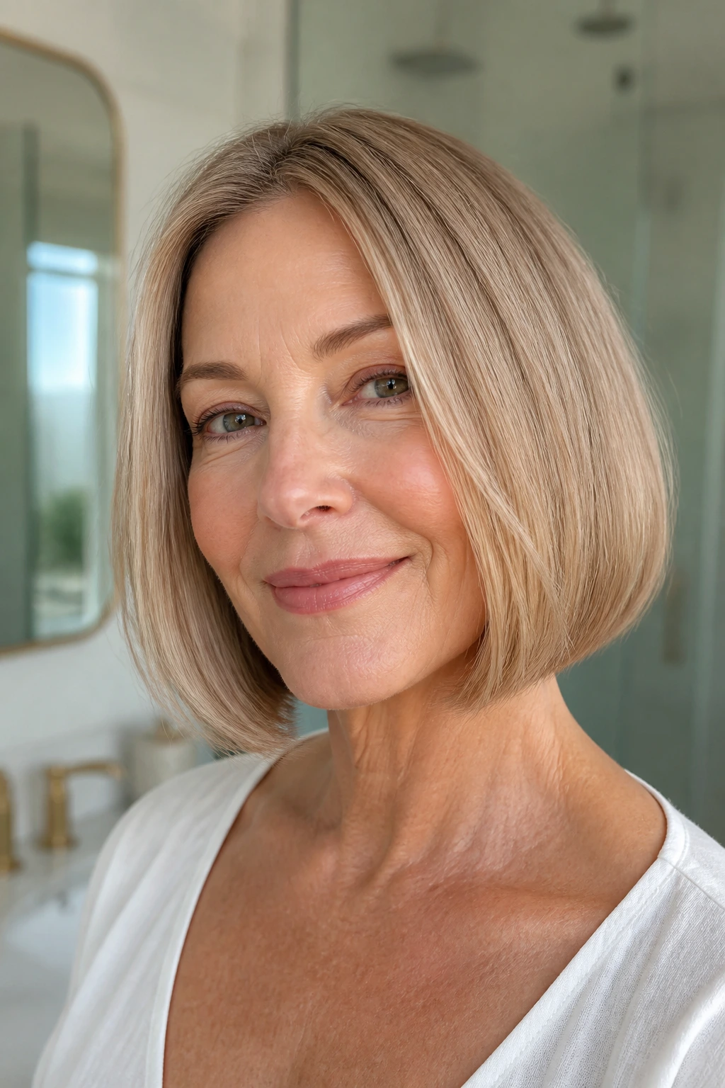 Close-up of a real woman with sleek blunt bob and soft ends in bright bathroom light