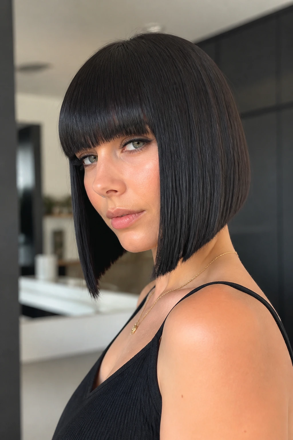 Real woman with sleek blunt A-line bob and full bangs