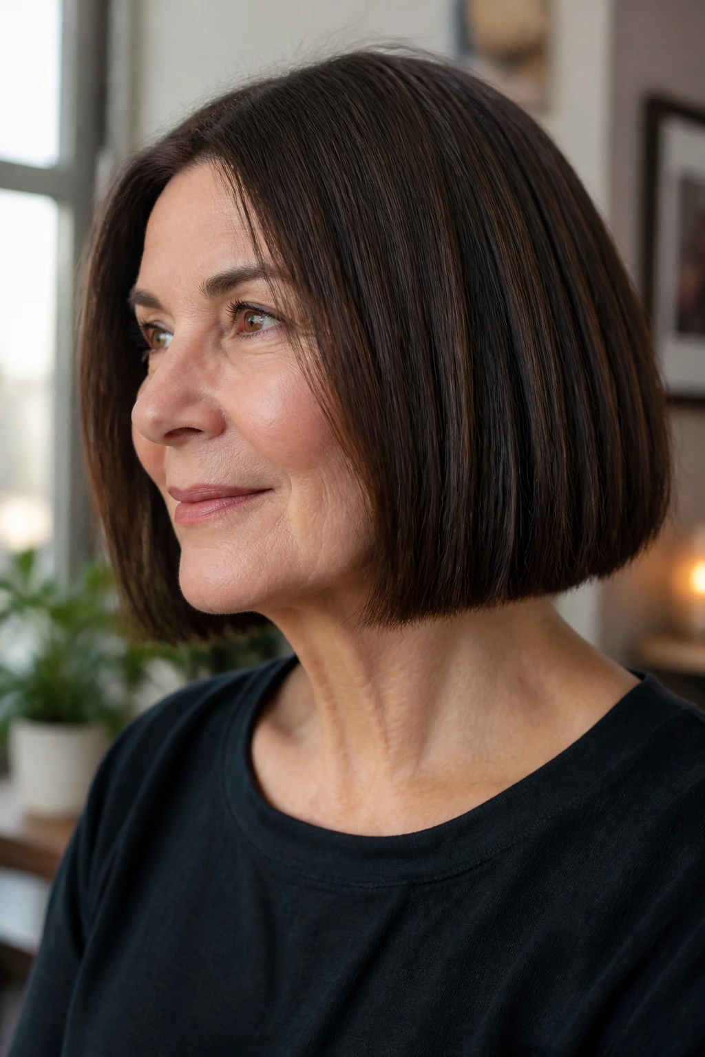 Close-up portrait of a real woman with Sleek Blunt Bob with Hidden Layers, sharp silhouette with interior layering.