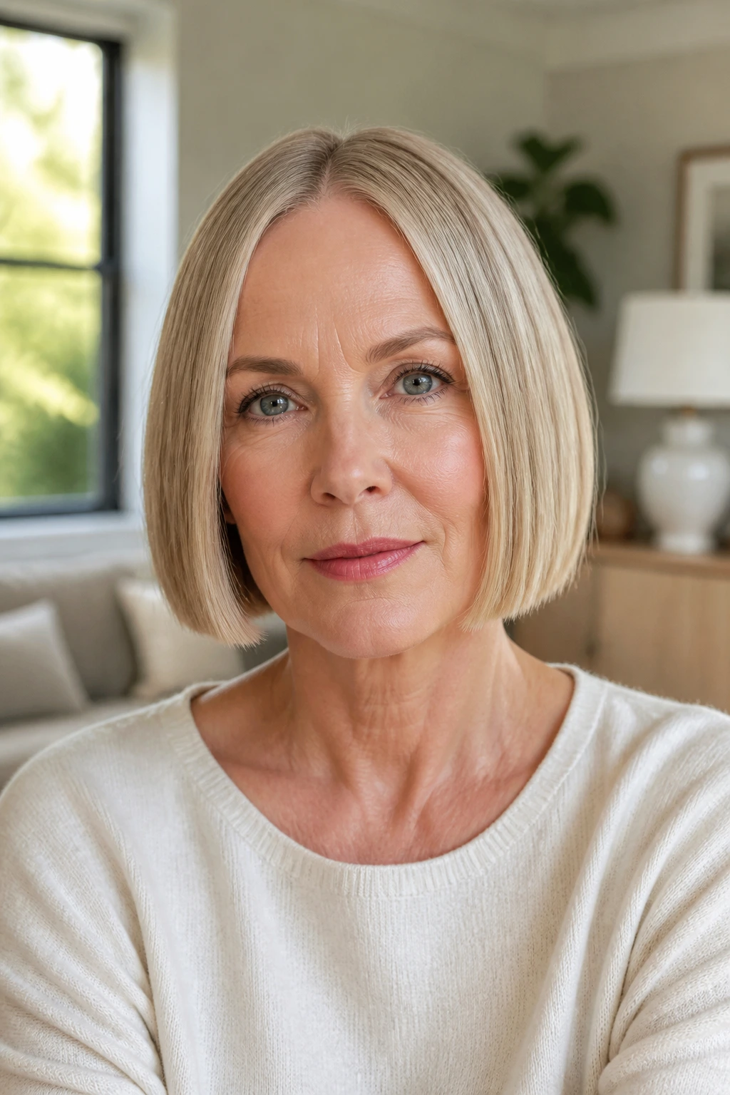 Close-up head-and-shoulders of a woman with a sleek jaw-length blunt bob in a sunlit living room