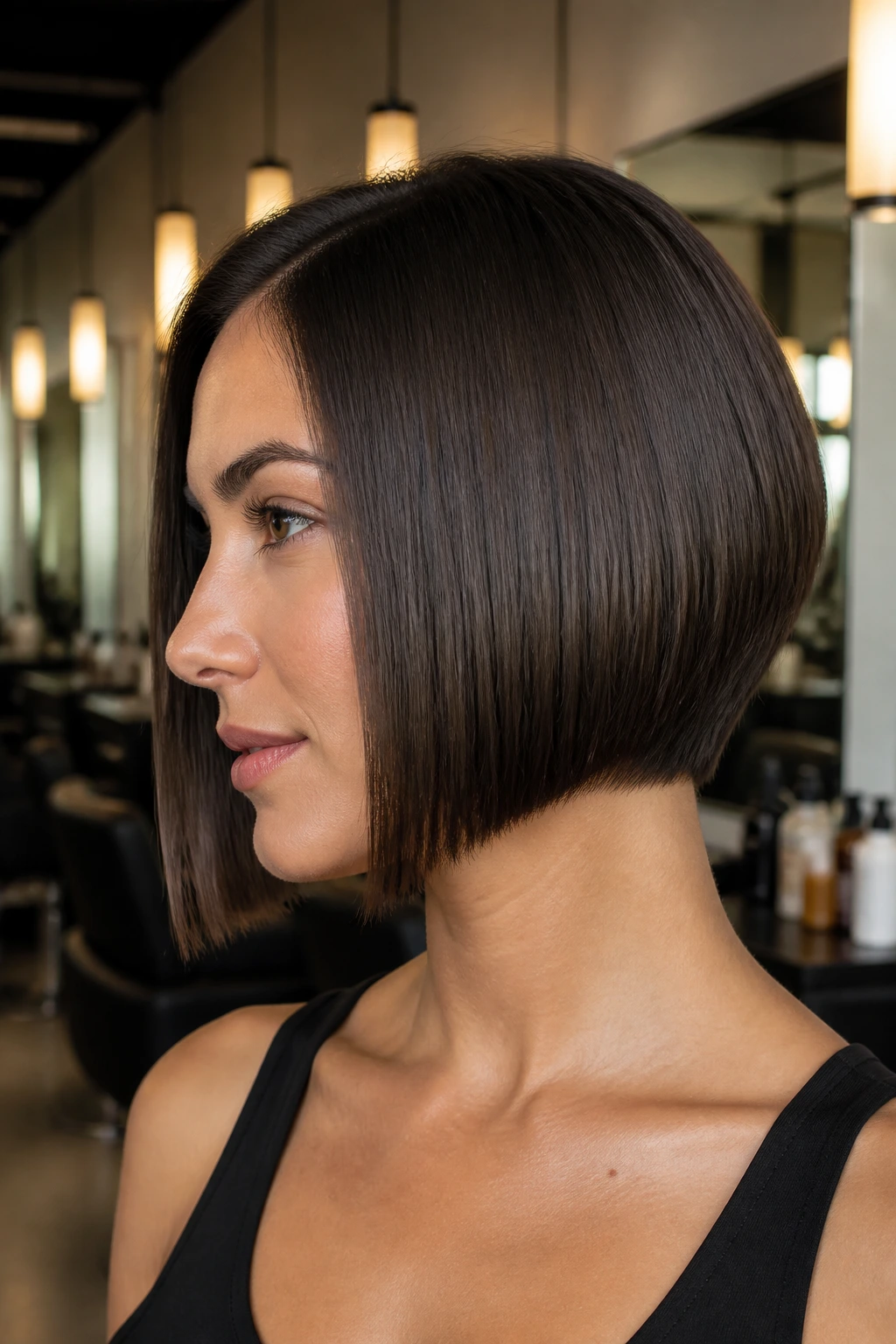 Portrait of a real woman with a sleek blunt bob and tapered back.