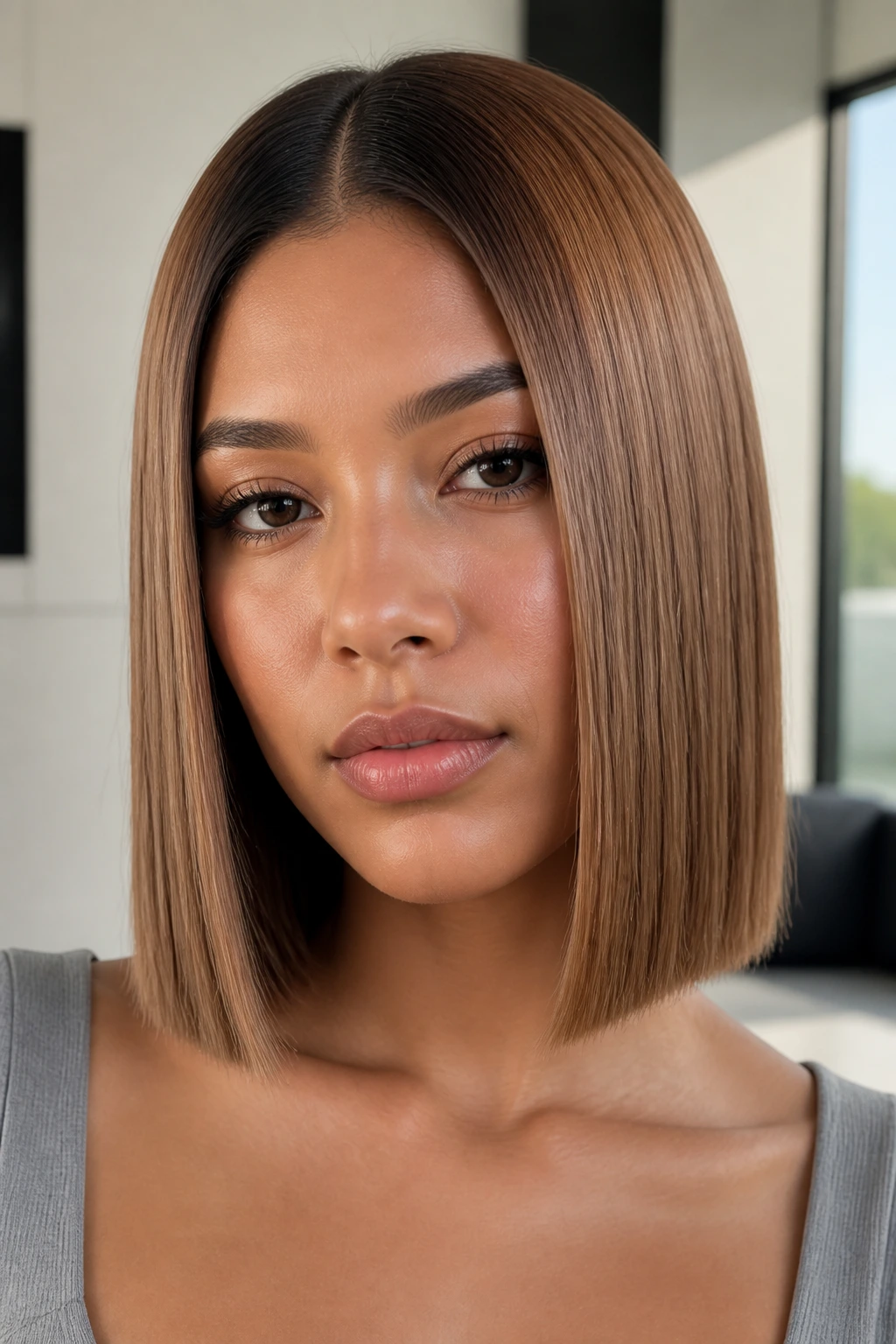 Real woman with sleek center-part blunt cut and glossed caramel in natural light