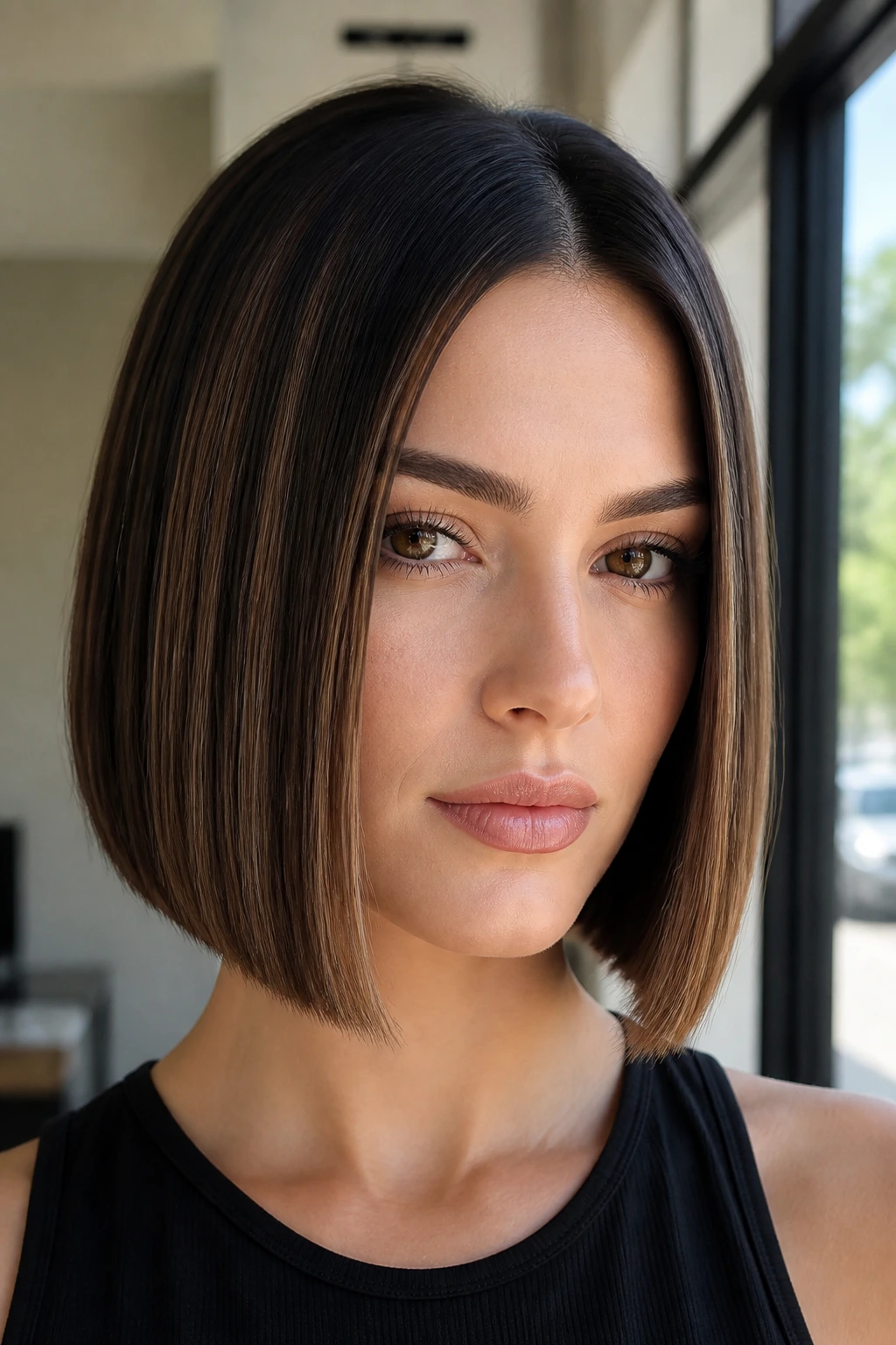 Close-up portrait of sleek blunt cut with linear bronze highlights
