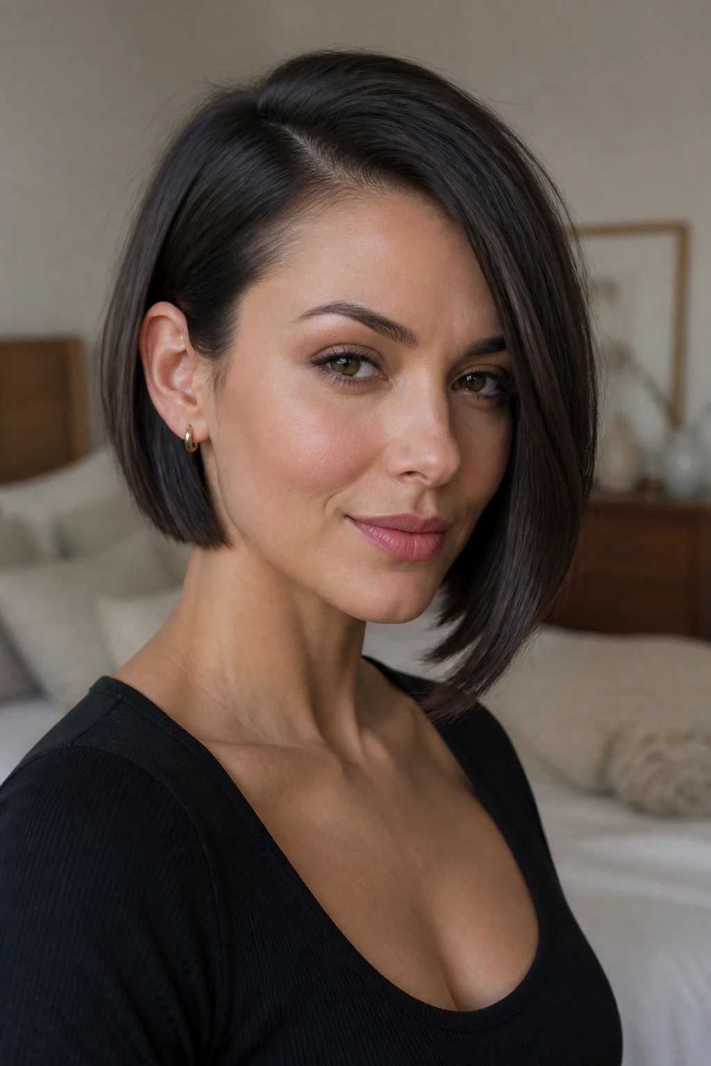 Close-up portrait of a real woman with a Sleek Asymmetrical Bob, one side tucked behind her ear by window light
