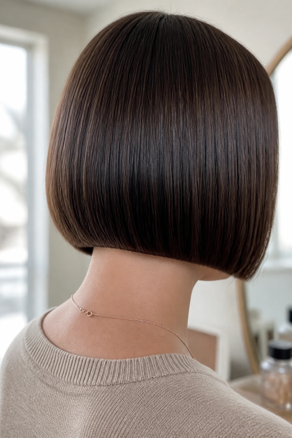 Rear three-quarter view of a woman with a minimalist sleek bob and blunt finish