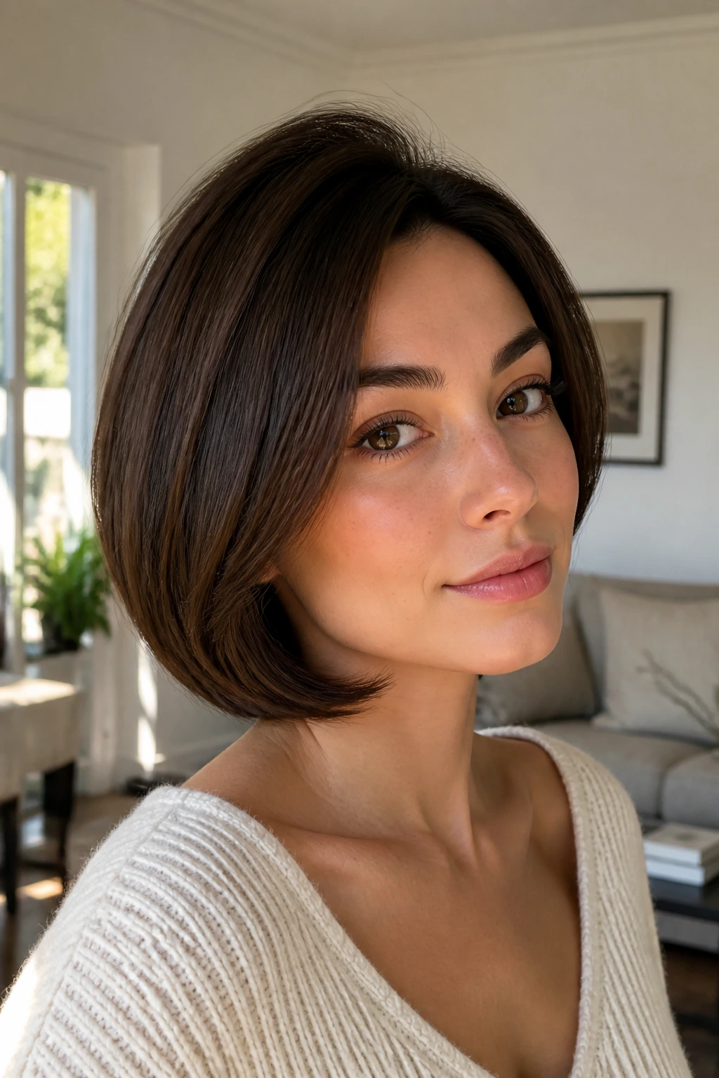 Real woman with sleek bob showing crown lift and undercurve in natural light