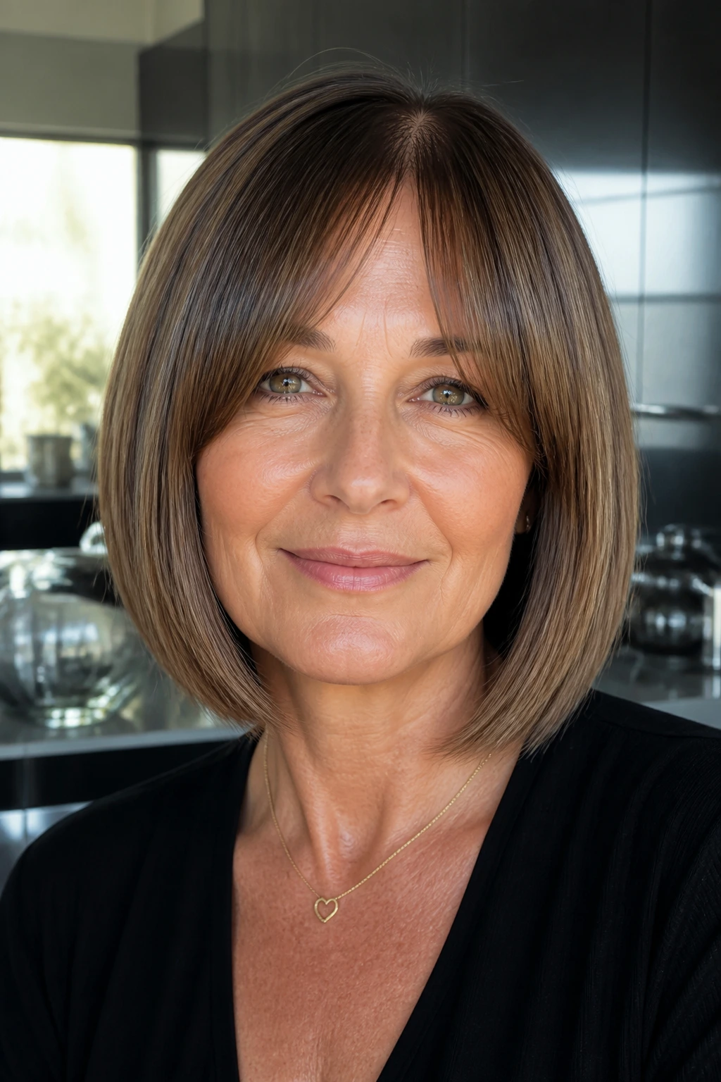 Real woman with straight sleek bob and curtain bangs, glassy shine.