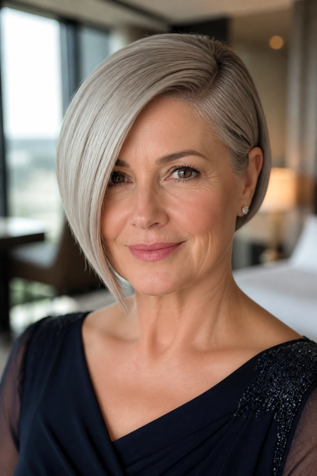 Close-up of real woman with a sleek asymmetrical bob and deep side part