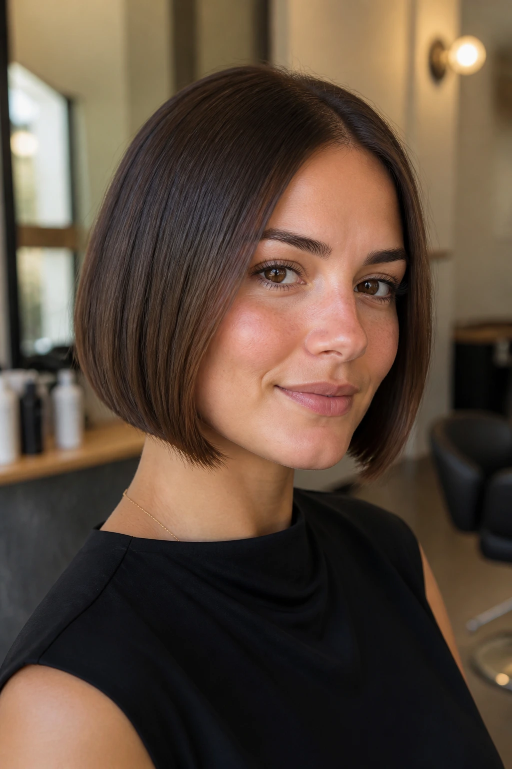 Close-up portrait of a real woman with a sleek bob showing crisp ends in a softly lit salon setting