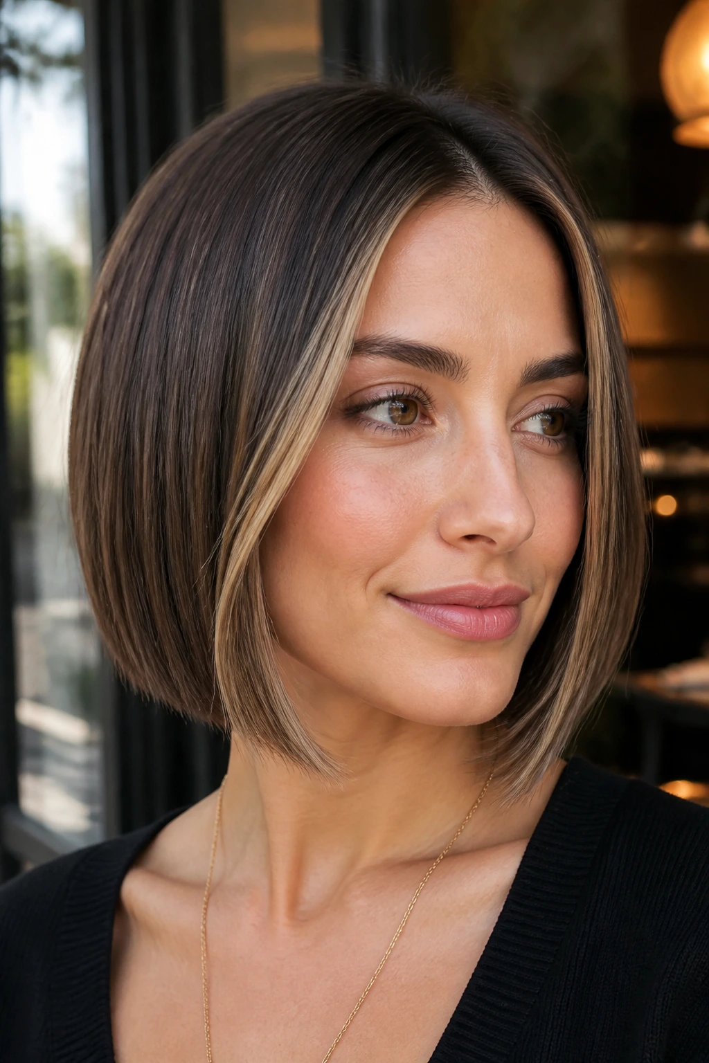 Portrait of real woman with sleek bob and chunk-free face framing babylights
