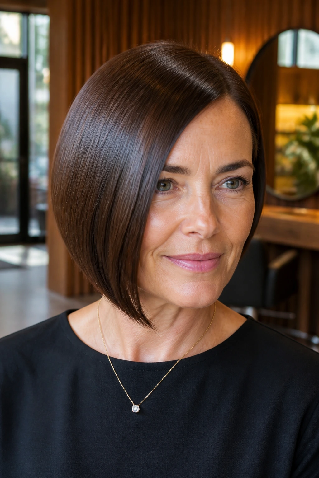 Close-up of a real woman with a sleek glossy side-part bob in natural salon light