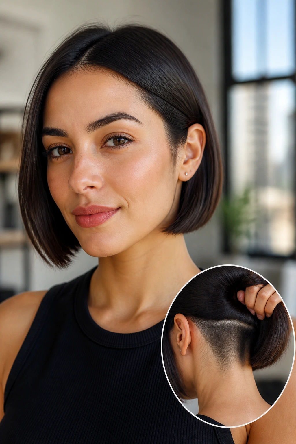 Real woman with sleek bob and hidden undercut close-up