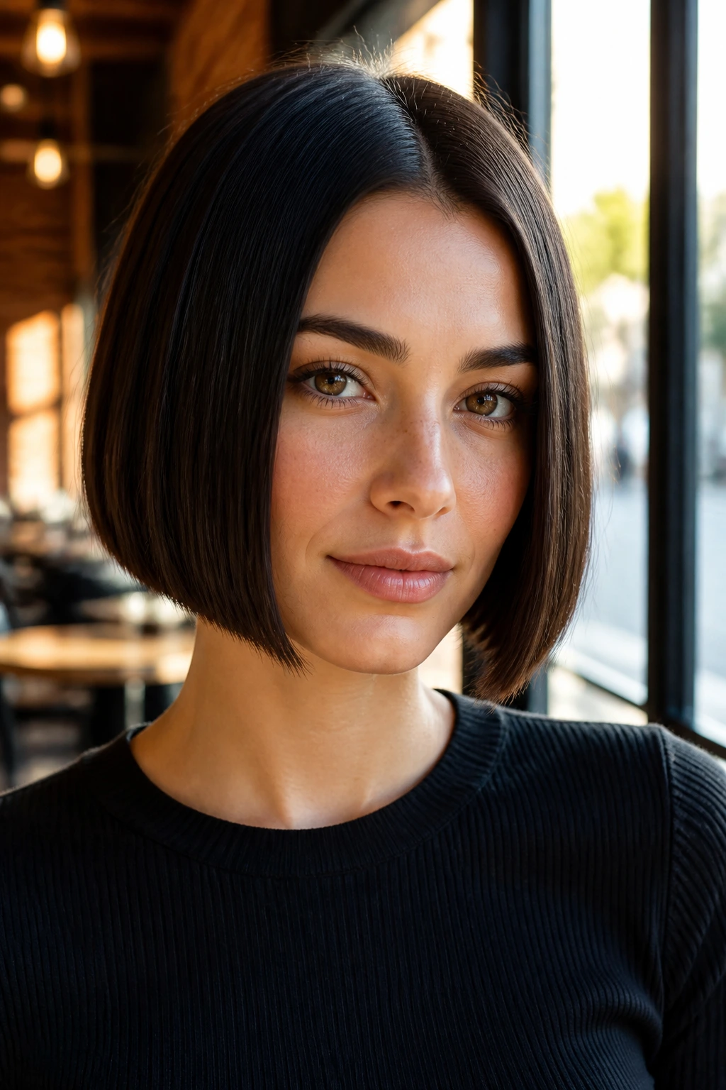 Close-up portrait of a real woman with a sleek blunt bob on an oval face, warm window light.