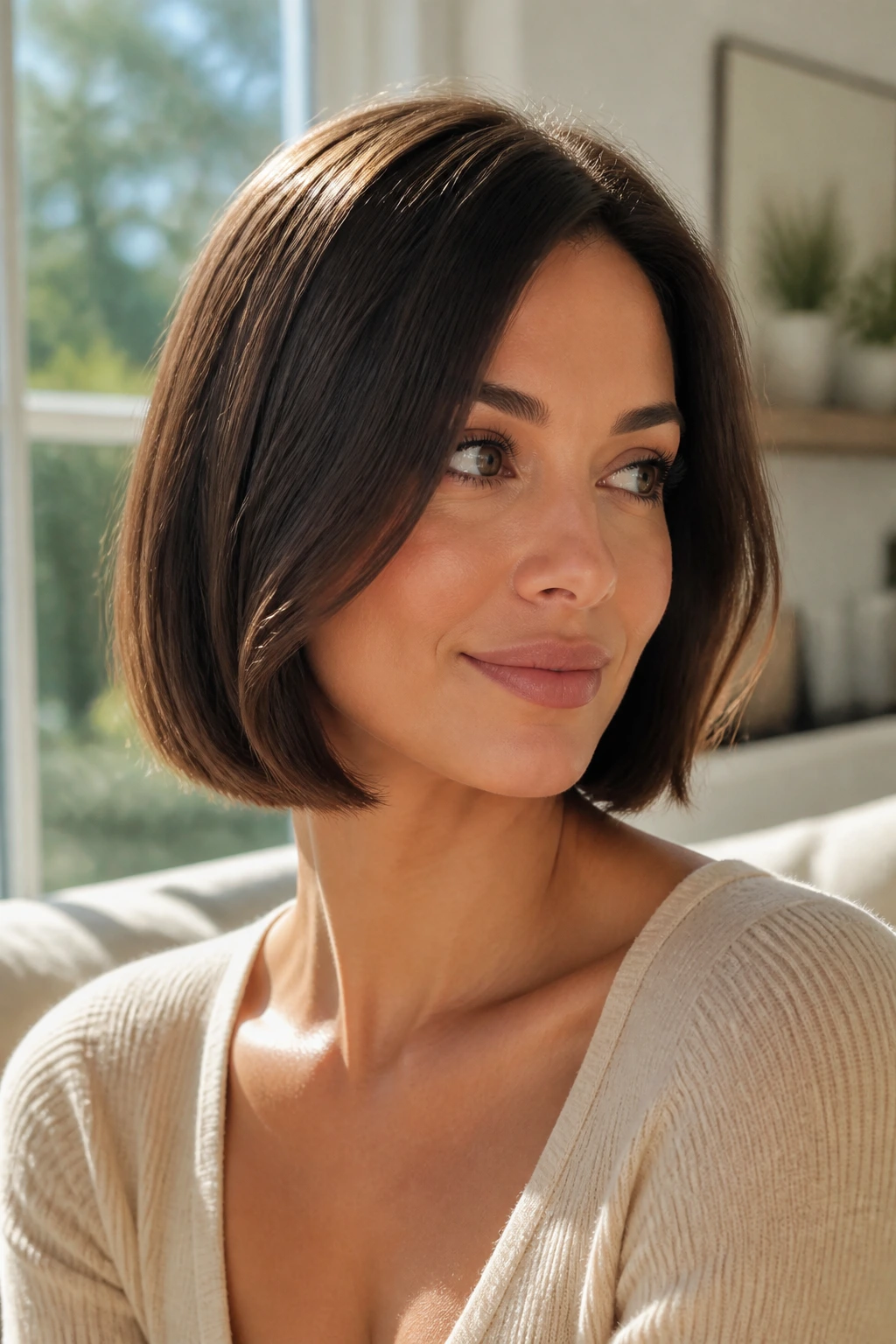 Close-up portrait of a woman with a sleek bob and a soft bend in natural window light
