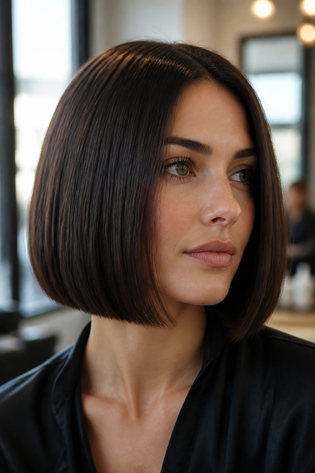 Close-up of a real person with a blunt chin-length sleek bob in a salon