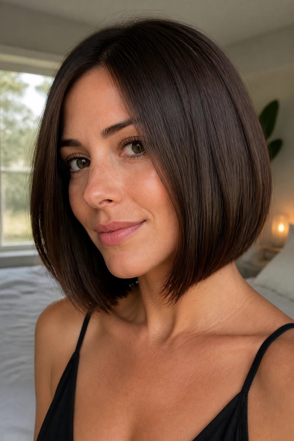 Close-up portrait of a real woman with a sleek bob featuring full edges and soft interior layers in warm window light