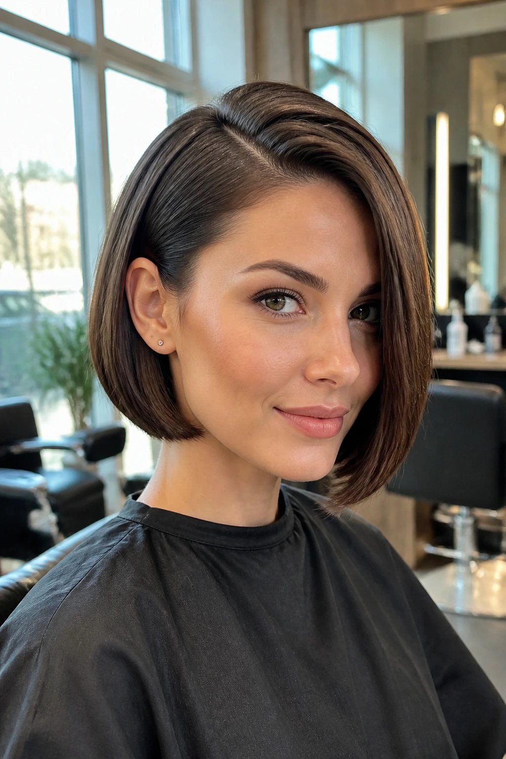 Portrait of a woman with a sleek side-part bob in a bright salon.