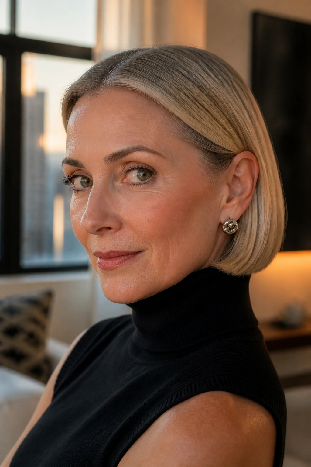 Portrait of a real woman with a sleek bob tucked behind the ears, highlighting the jawline.