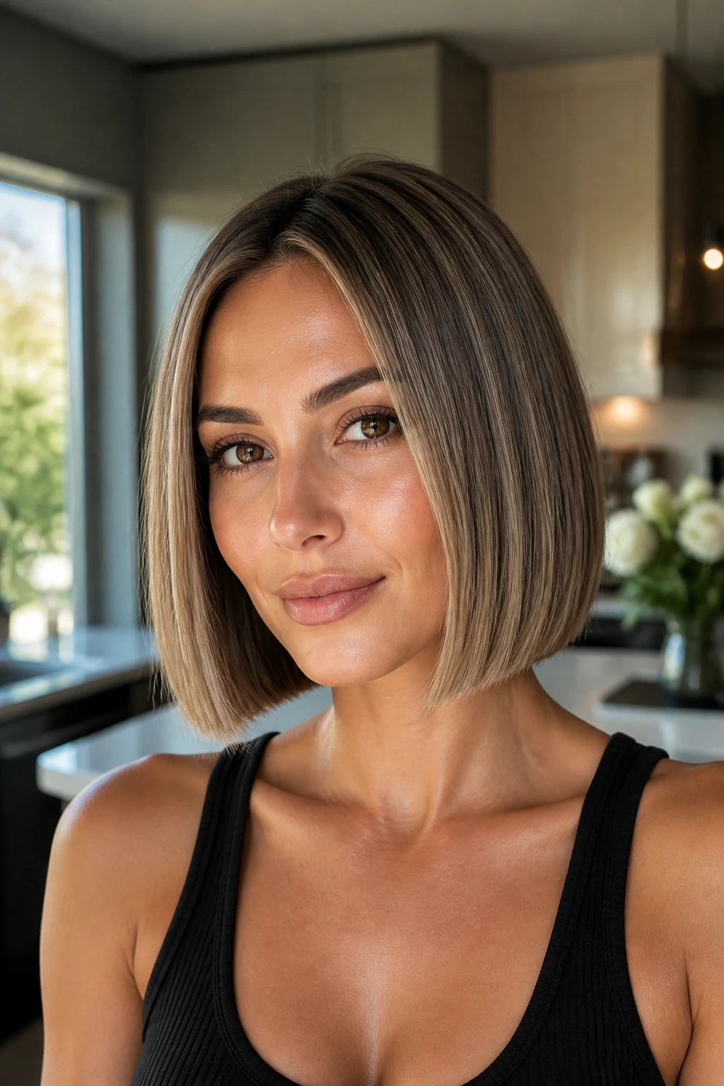 Close-up of a real person with a sleek box bob and blended babylights in natural daylight
