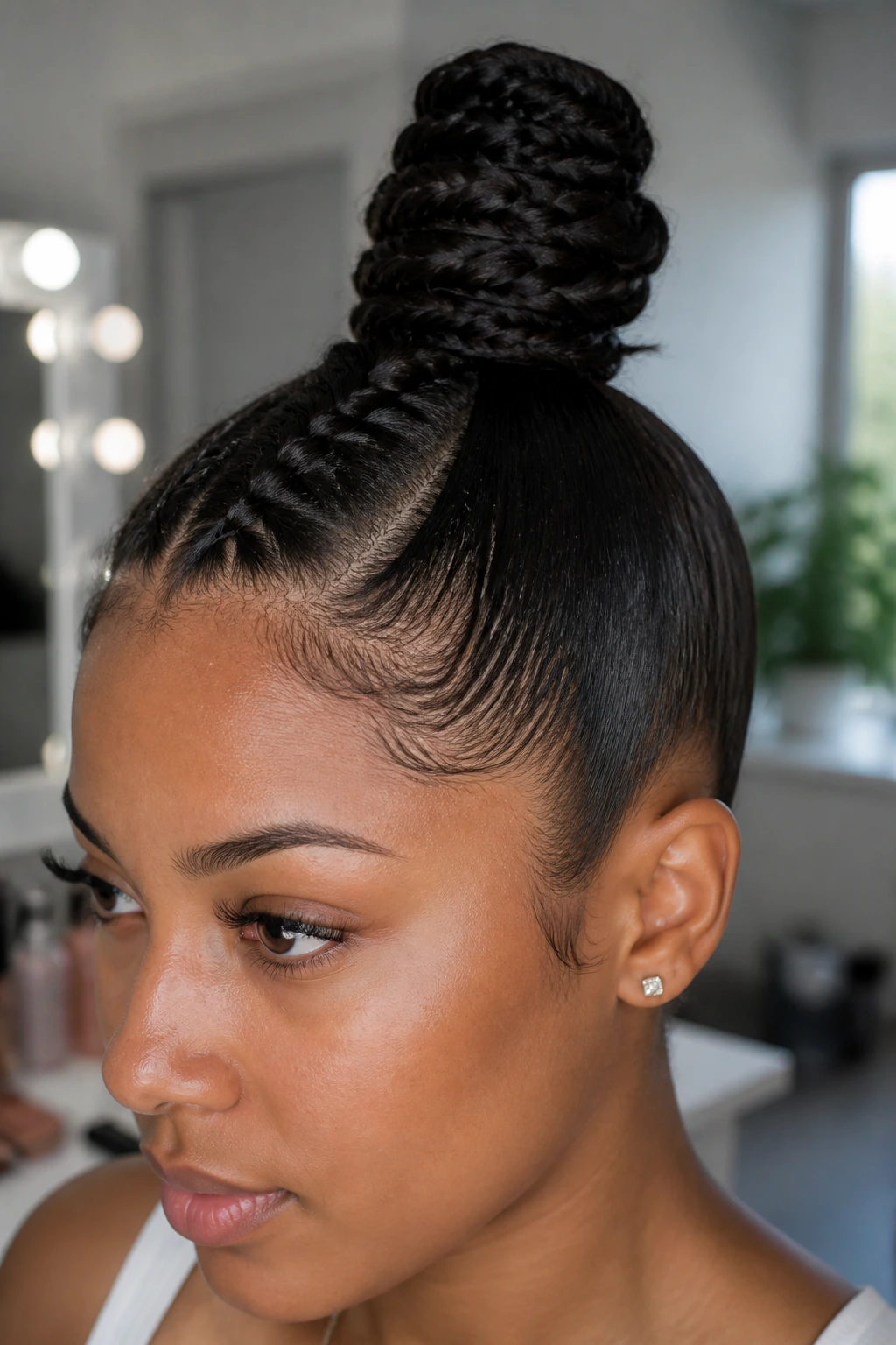 Close-up of a real woman with a sleek braided top knot