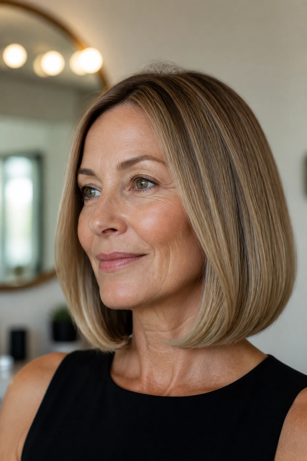 Close-up of a woman with a sleek lob and subtle under-bump in soft indoor light.