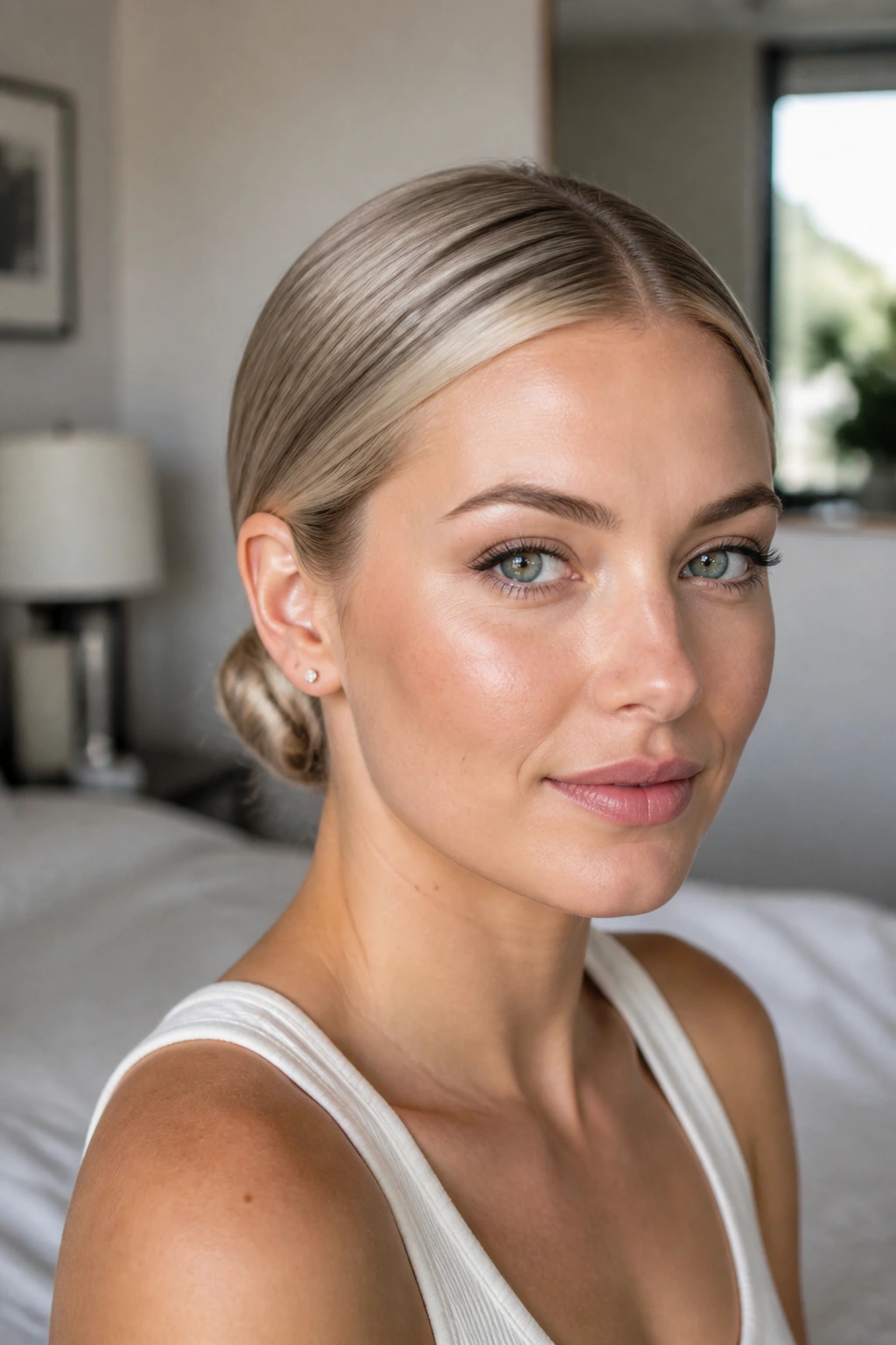 Close-up portrait of a real woman with a sleek low bun and middle-part on ash-blonde hair.
