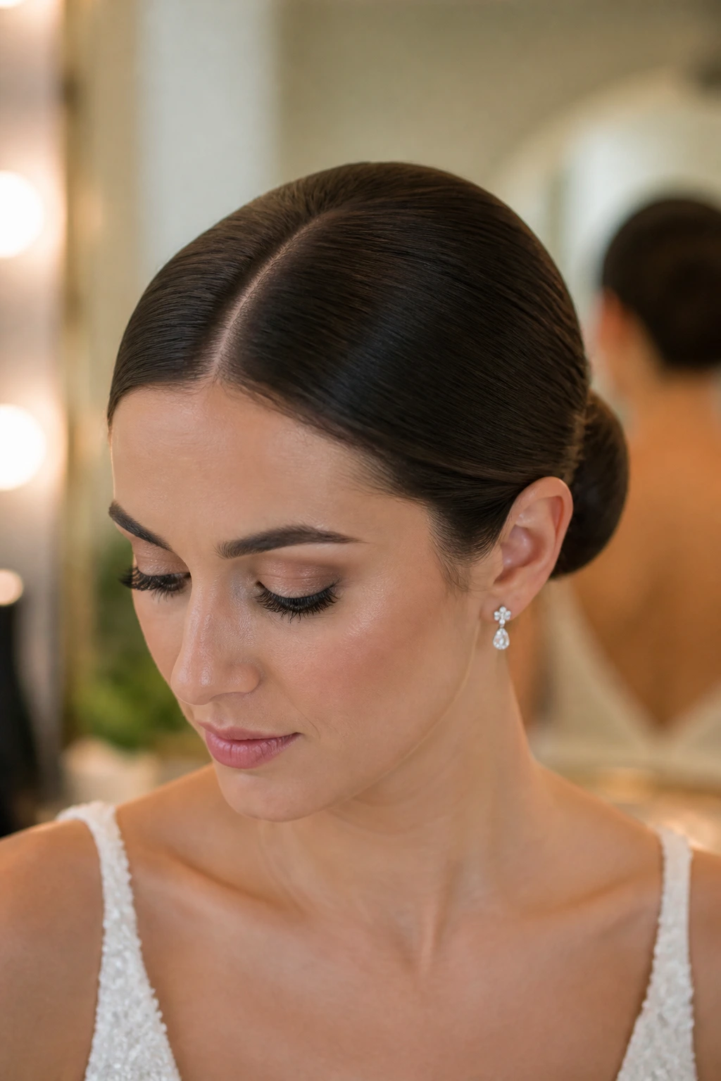 Close-up of a real bride with a center-part and sleek low bun