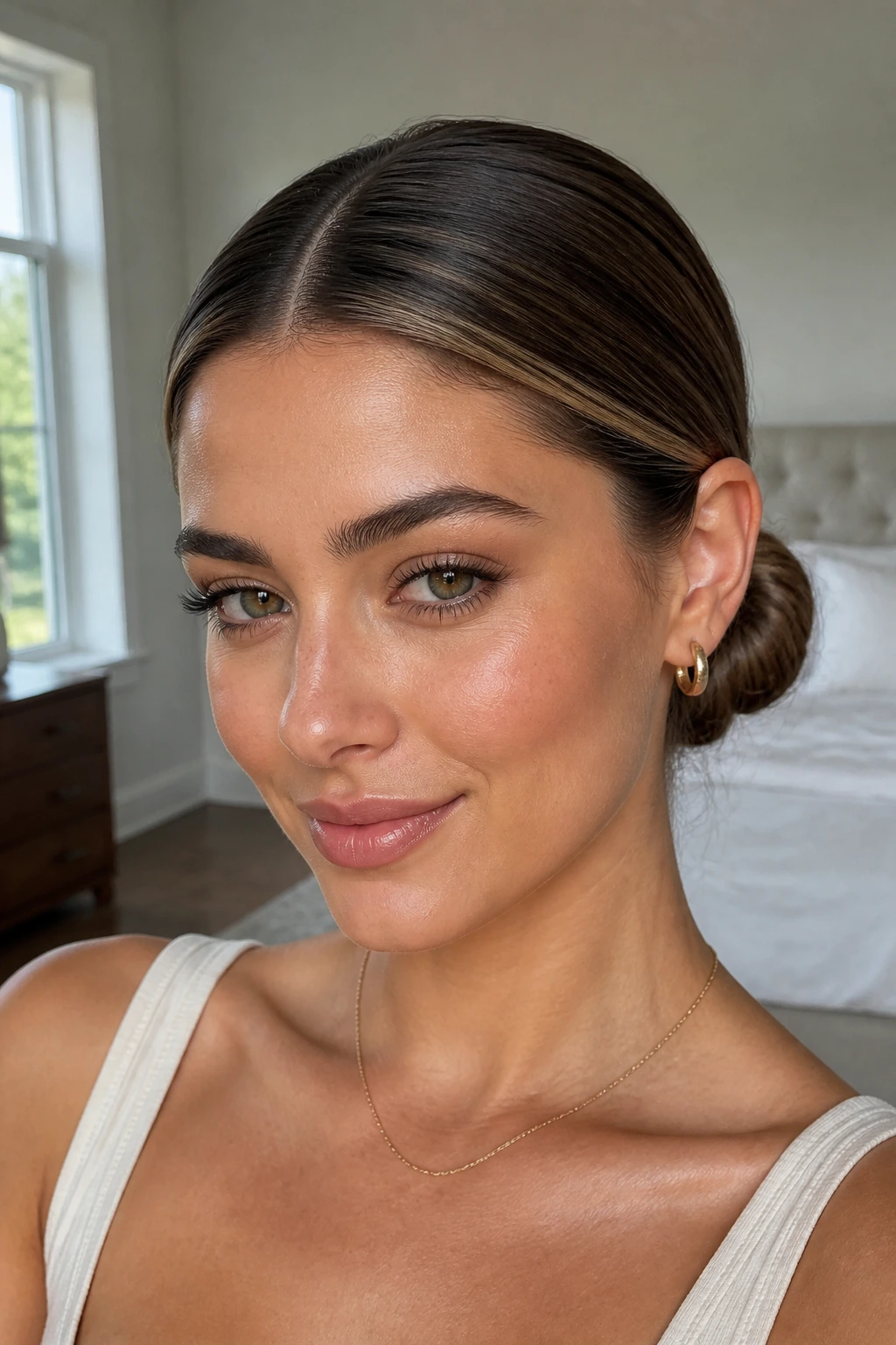 Close-up of a real woman with a sleek middle-part and low bun at the nape.