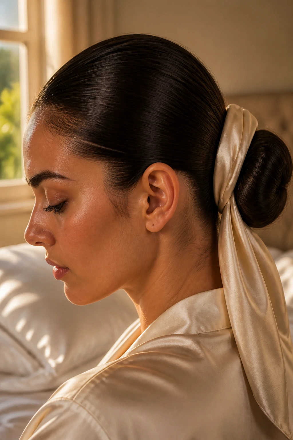 Close-up of a real woman with a sleek bun in a bedroom setting with satin scarf and pillowcase