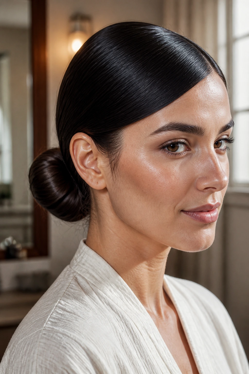Close-up of a woman with a sleek low bun and deep side part in warm morning light