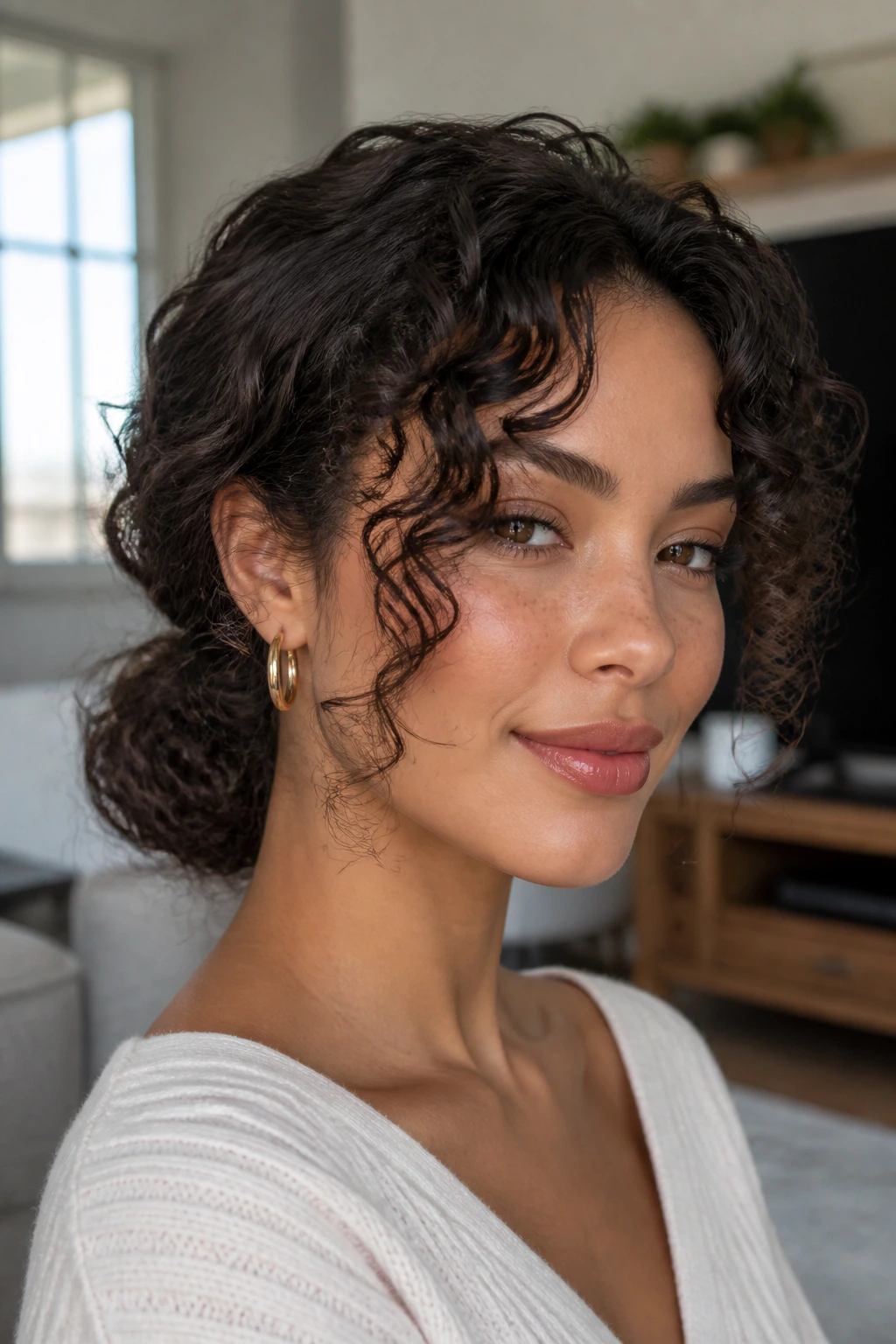 Close-up of a real woman wearing a sleek low bun with soft curly bangs.