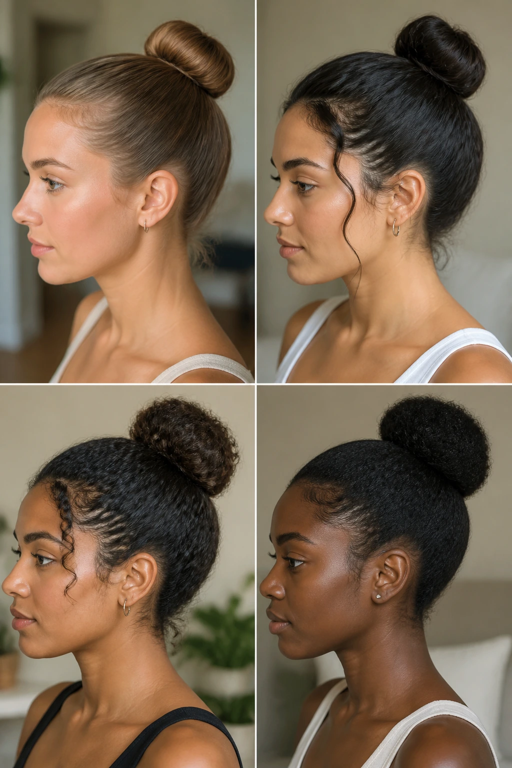 Real person with a sleek bun at the crown showing hair texture around the roots.