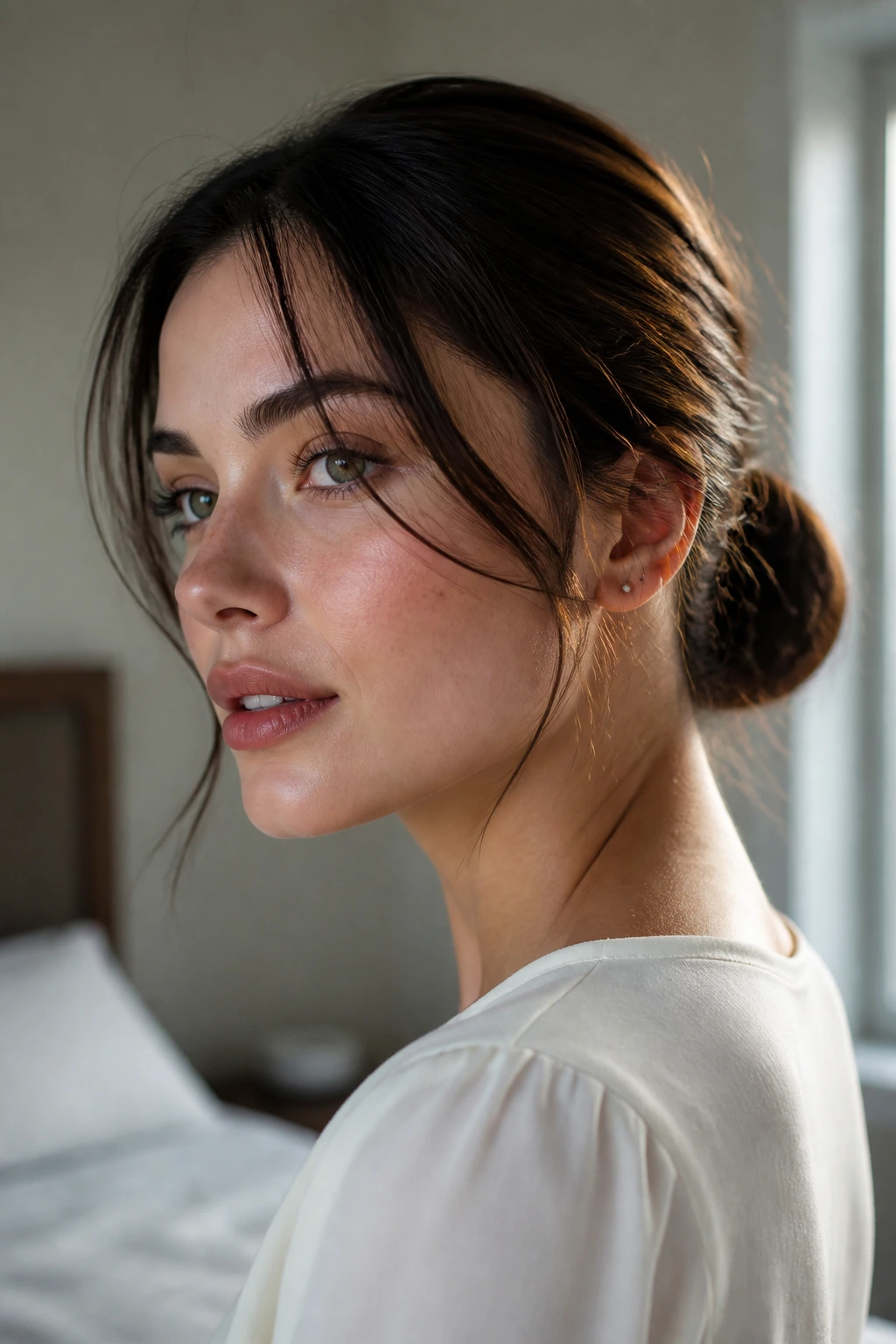 Close-up portrait of a real woman with a sleek low bun and wispy tendrils at the temples
