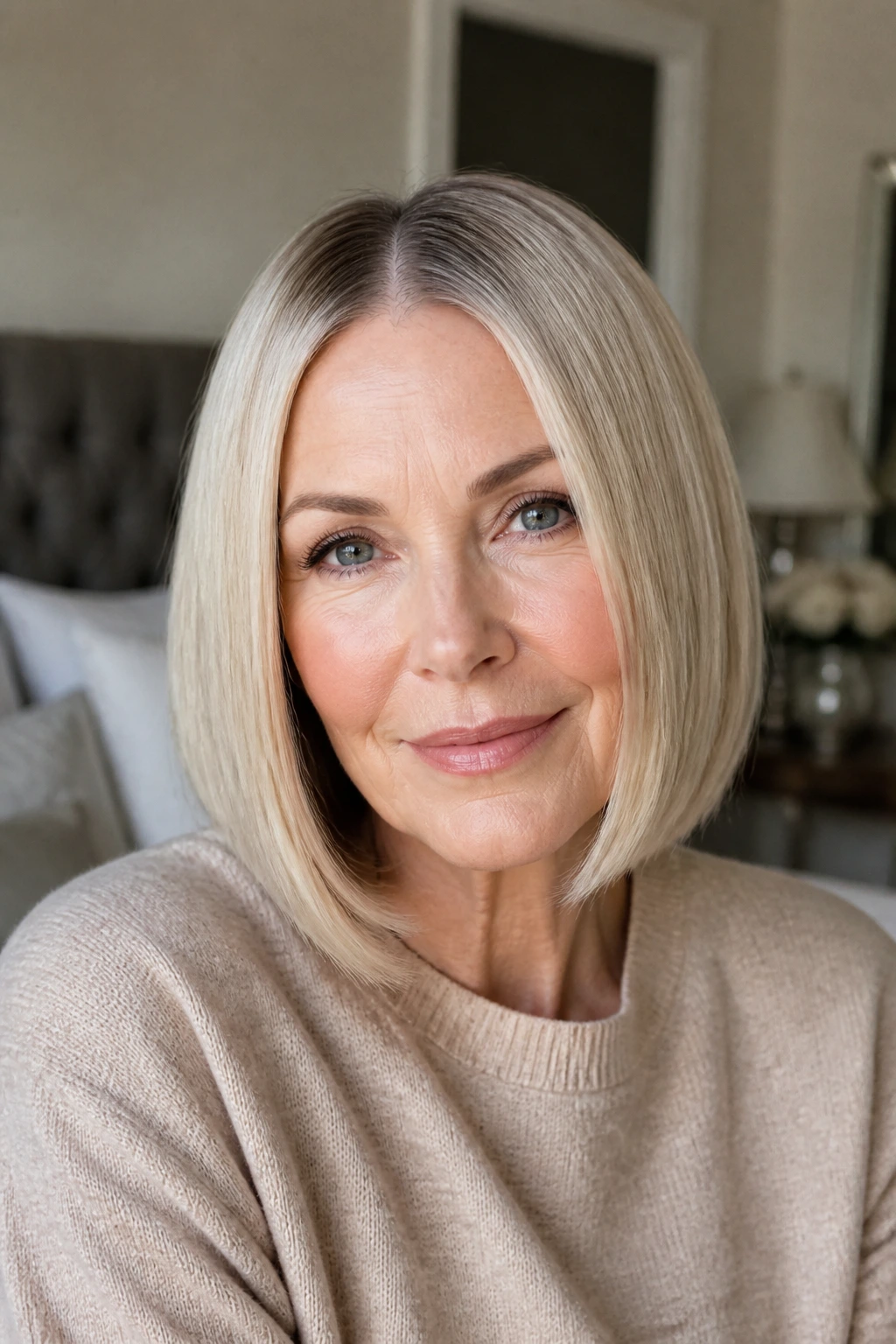 Close-up of a woman with a sleek center-part bob in soft window light.