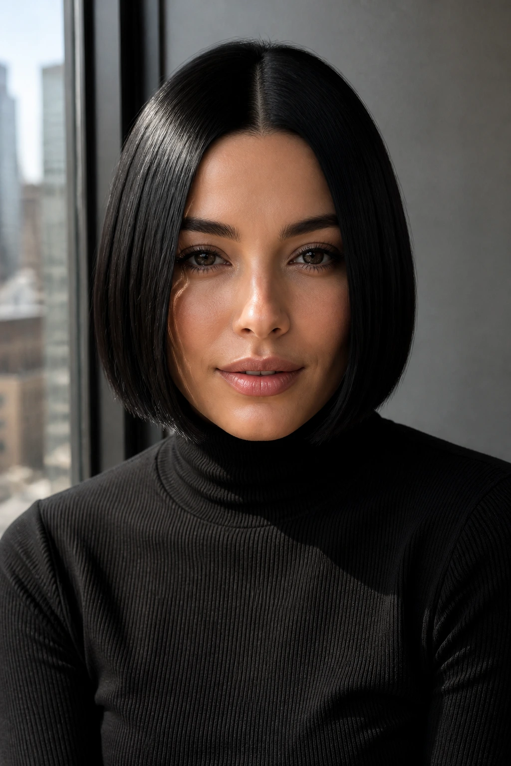 Close-up of a woman with a center-part sleek black bob