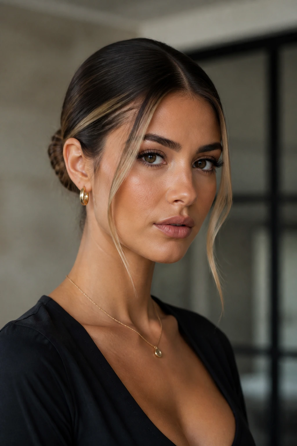 Portrait of a woman with a sleek center-part and a bun framed by face-framing pieces