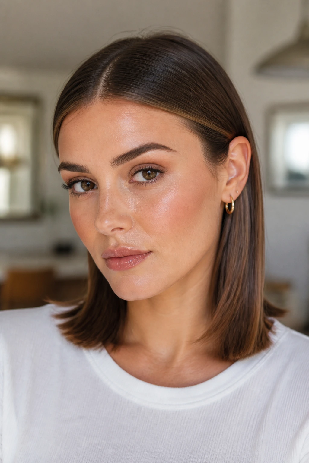 Portrait of person with sleek center part and tucked-behind-ear ends