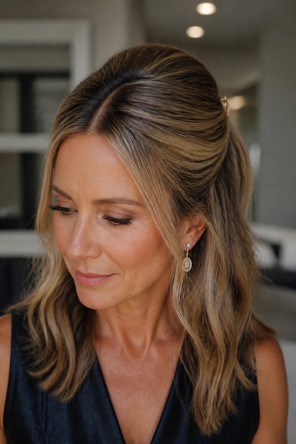 Close-up of a real woman with a sleek center-part half-up hairstyle