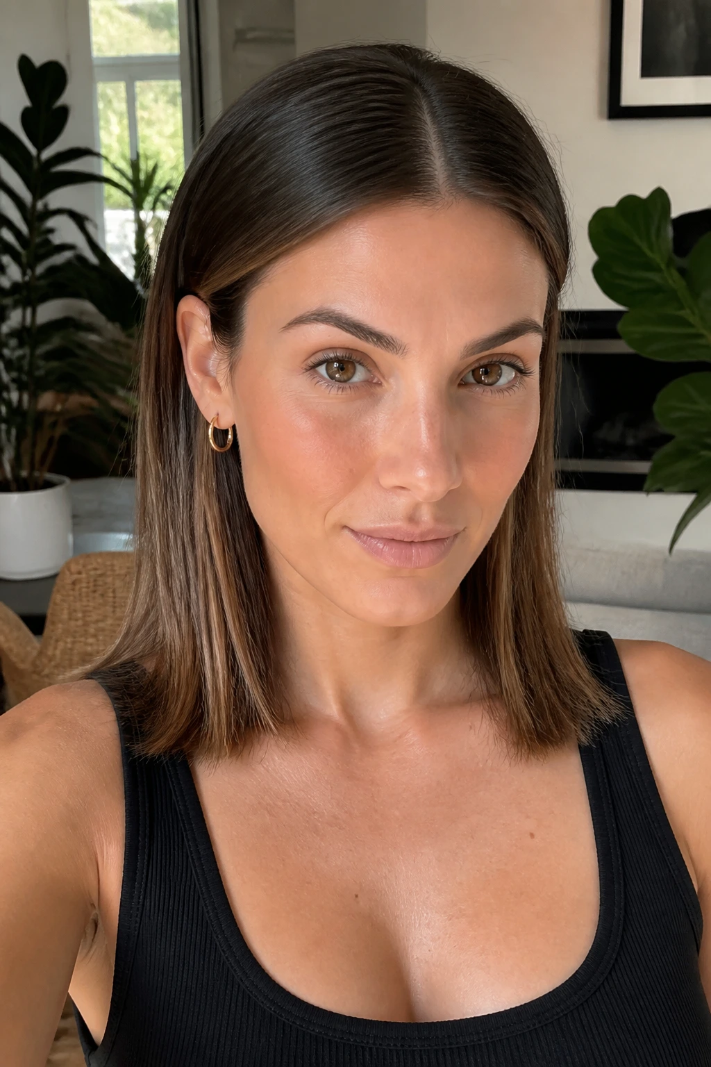 Real woman with sleek center-part layers tucked behind ears